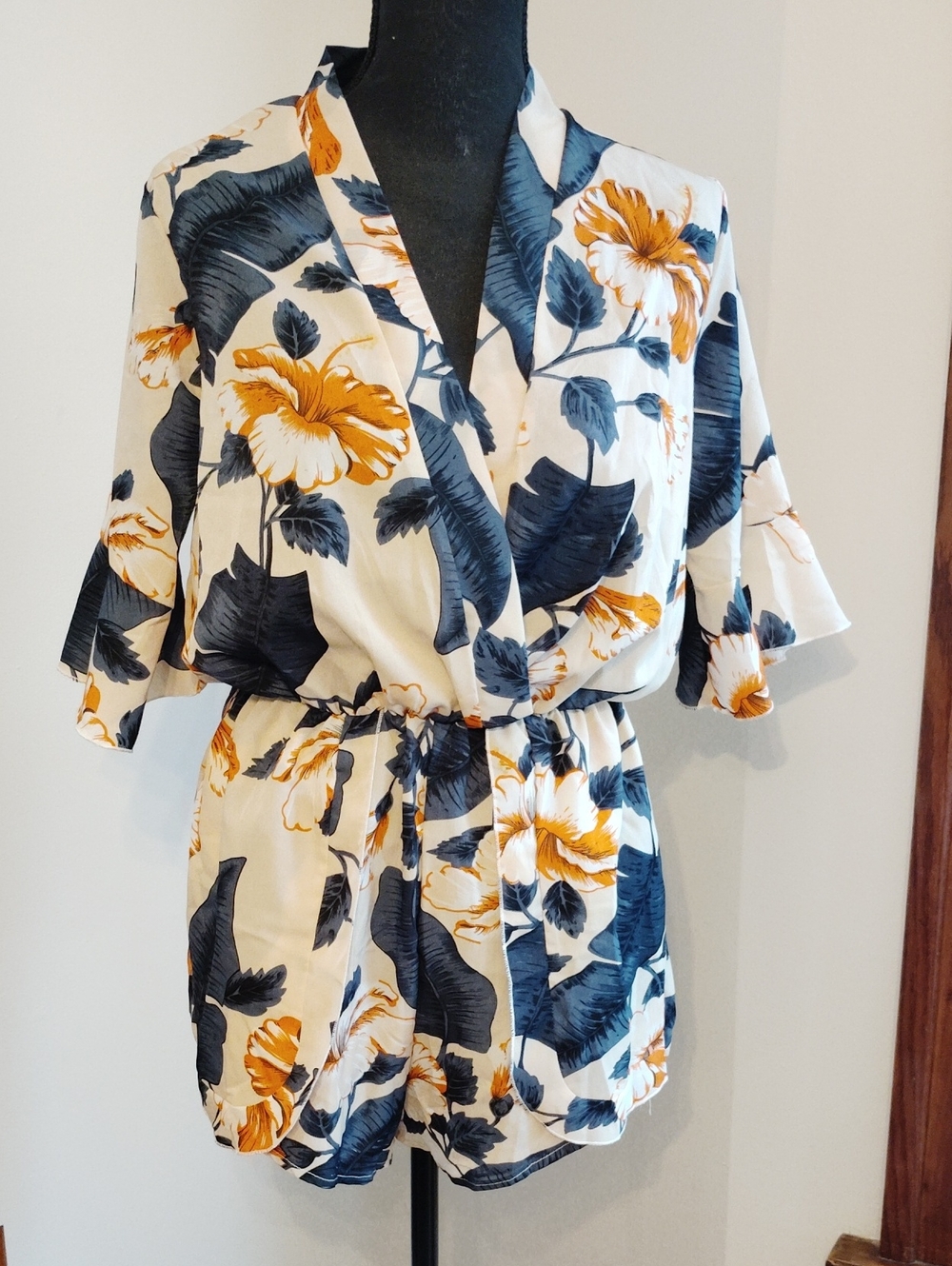 Floral Wrap Women’s Dress Romper in Cream and Navy Blue
